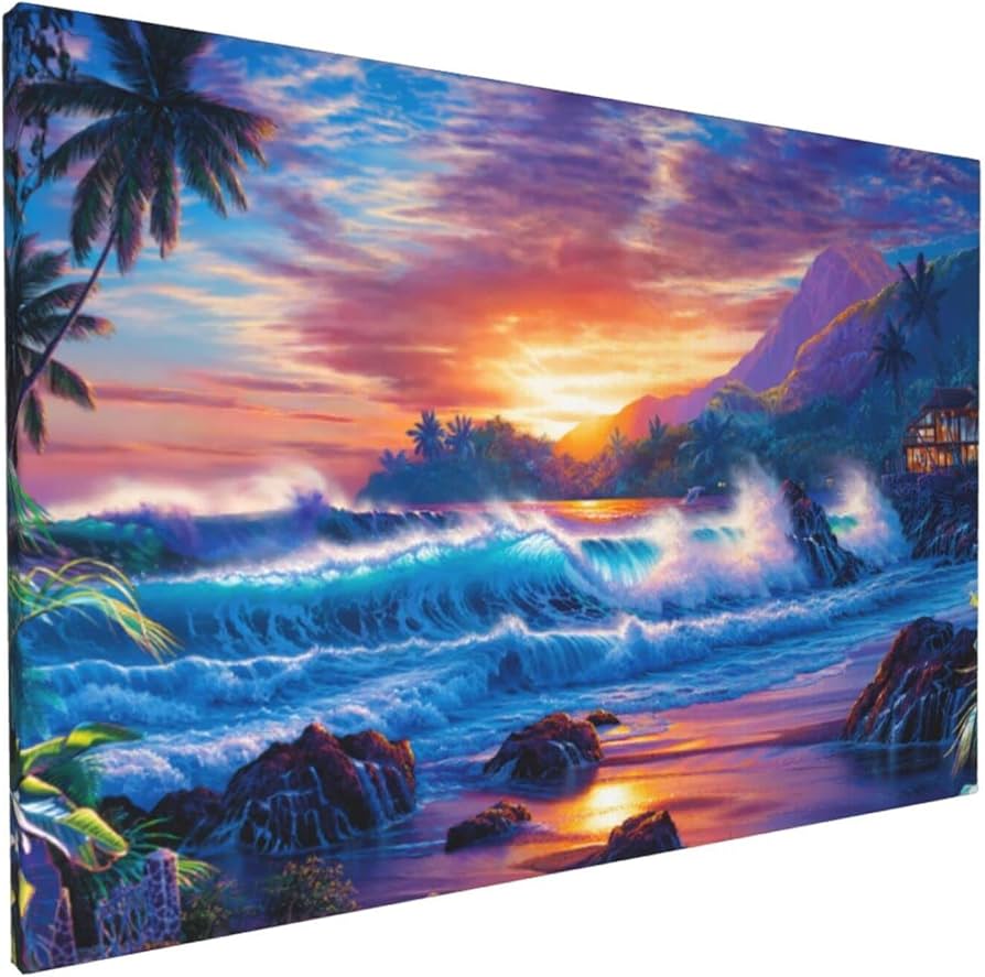 Amazon｜ZOJuX ラッセン カラフル 海景 輝く 島 波 夕日 熱帯植物 芸術