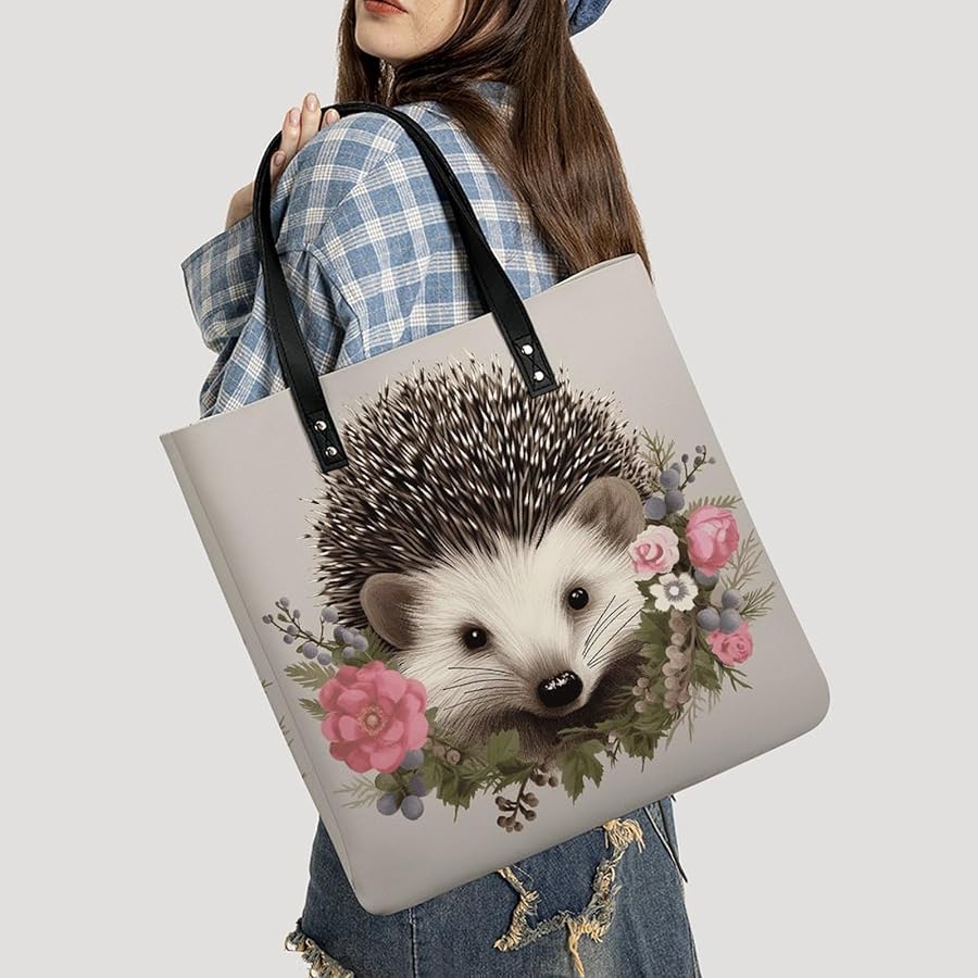 Hedgehog in Floral Wreath Leather Handbags Crossbody Bags for