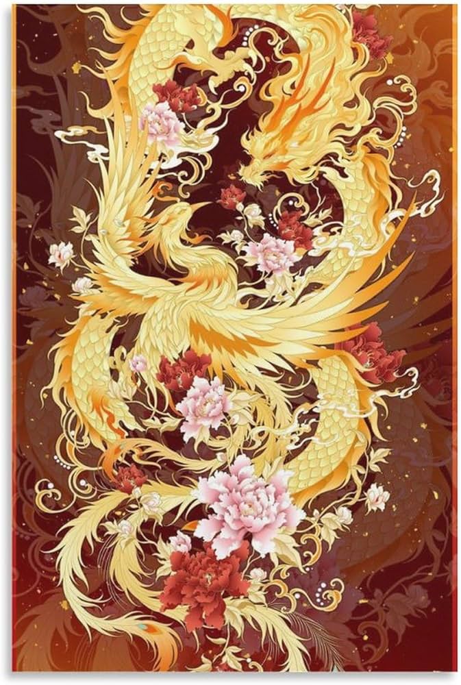 Amazon.co.jp: 絵画 龍と鳳凰が吉兆を演出インテリア 絵画 黄金の龍と