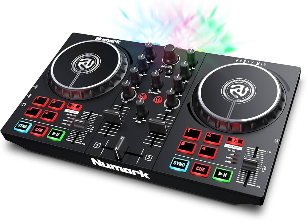 Numark Party Mix DJ Controller with Lights, 2 Decks, Mixer, Audio