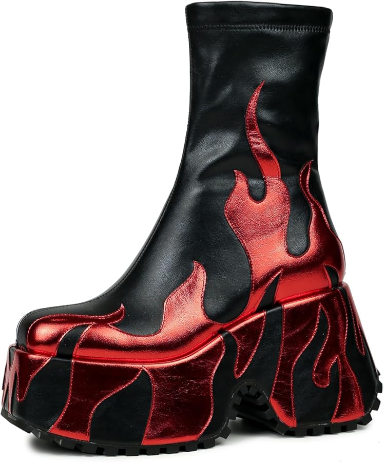 Amazon.com | HiColor women's side zipper high heeled red Flames