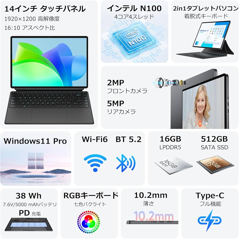 Amazon.co.jp: ZENAERO 2in1タブレット N100 Win11 Pro タブレットPC