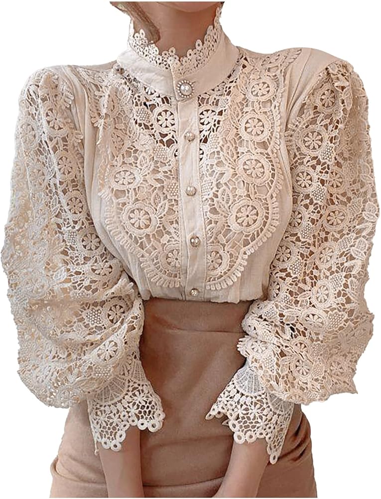 Women's Elegant Floral Lace Shirts Casual Victorian Blouse Long