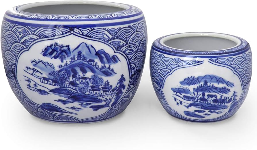Amazon.co.jp: 火鉢 2点セット 小型 ミニ火鉢 山水 青海波 染付 陶器