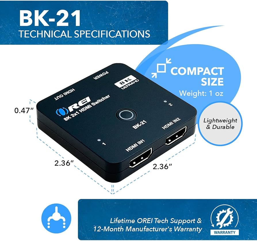 Amazon.com: OREI 8K 2x1 HDMI Switch 4K@120hz - Auto HDMI Selector