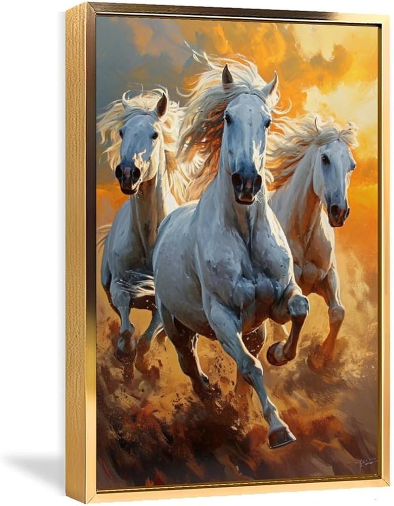 馬の油彩画 金色フレーム付き F4号 新品未使用 馬の油彩画 金色