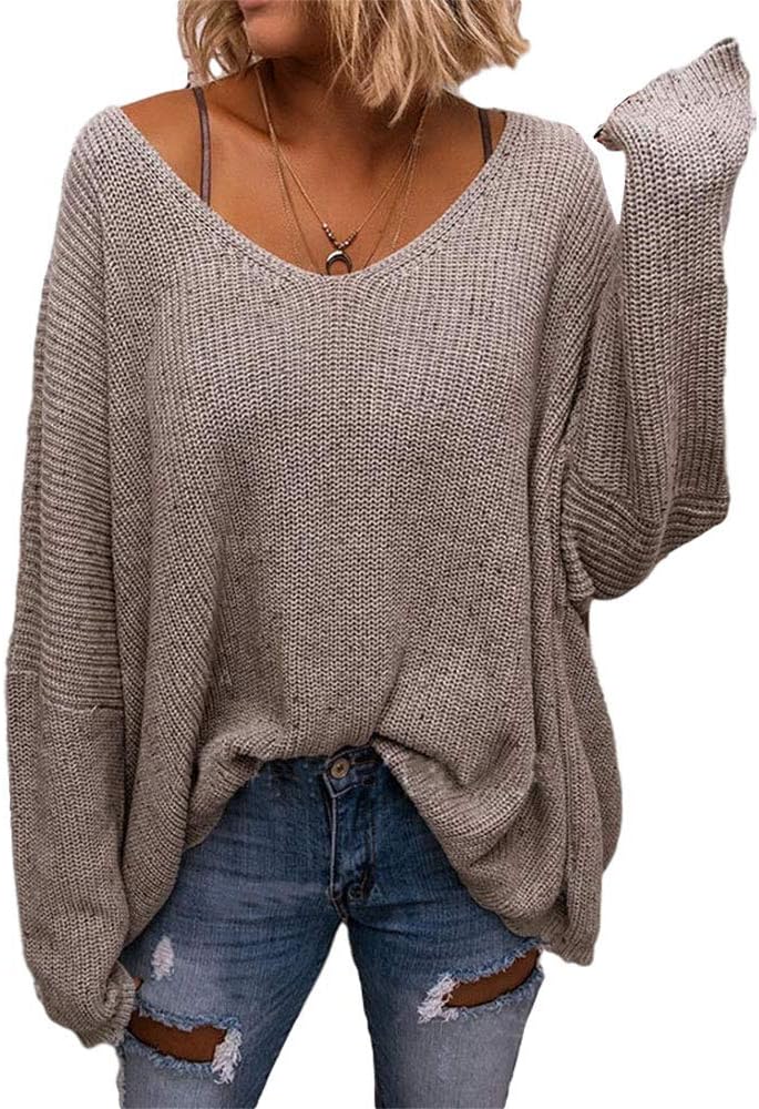 BZB Women's V Neck Long Sleeve Knit Loose Oversized Pullover