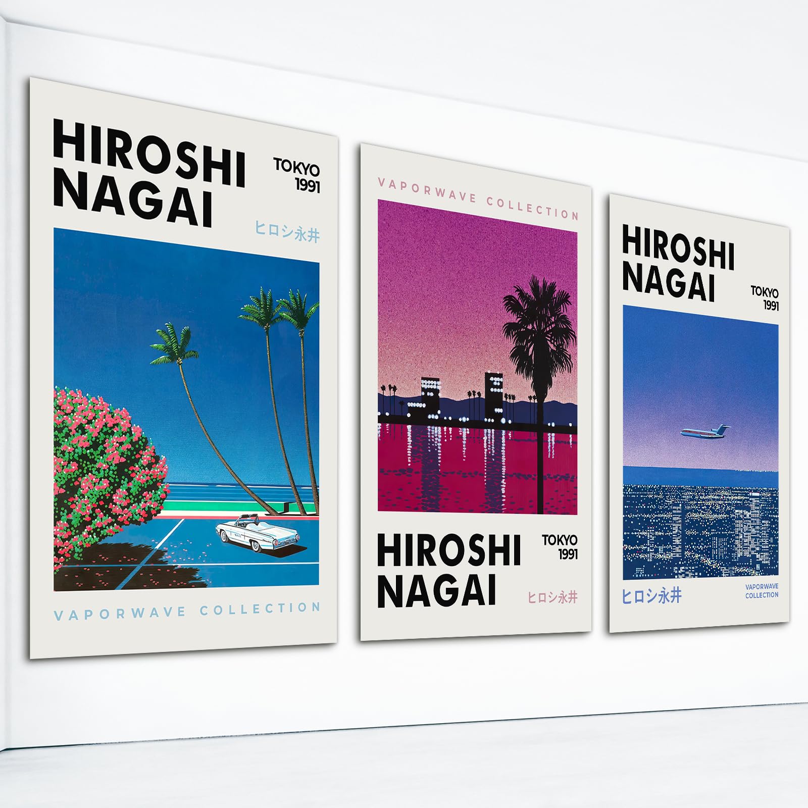 foefvpeft 3 Piece Vintage Canvas Wall Art, Hiroshi Nagai Vaporwave