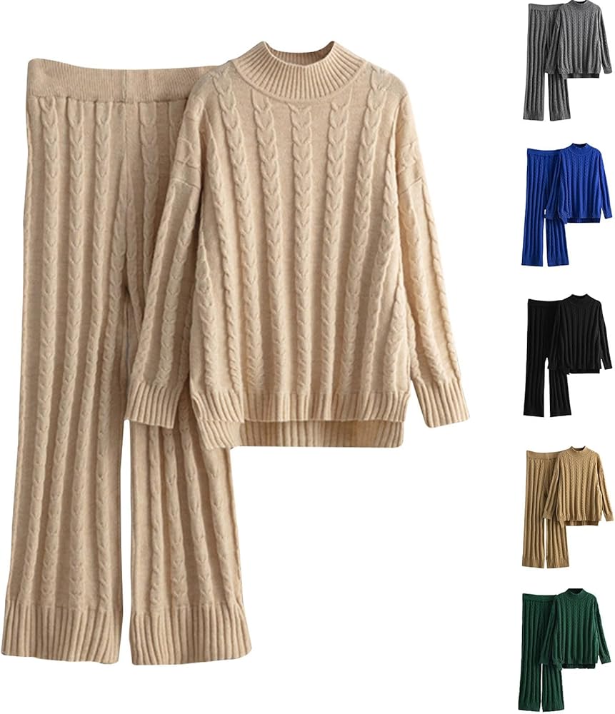 HGps8w Women's 2 Piece Outfits Cable Knit Chunky Sweater Set Long