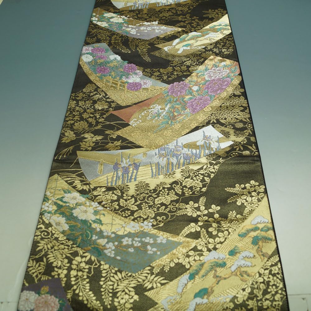 Amazon | 袋帯 じゅらく 帝王紫 短冊に春秋百花模様 黒色 金箔 金糸