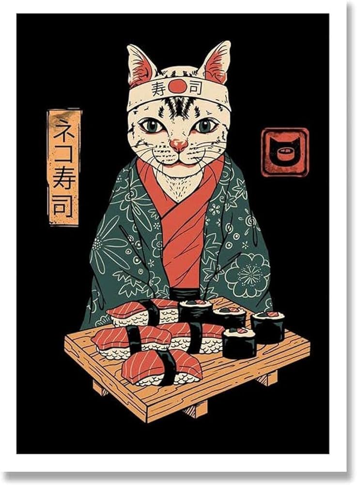 Amazon｜日本語 レトロ 猫 ポスター 寿司 そして 猫 キャンバスアート