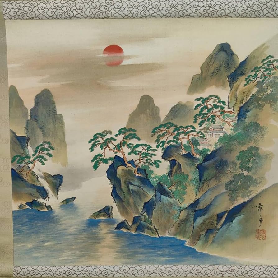 真作/山元春挙/漁村雪暁図/山水浜辺図/桐共箱付/布袋屋掛軸HI-783 真作