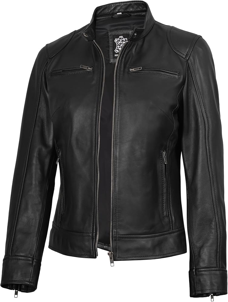fjackets Black Leather Jackets For Women - Cafe Racer Moto Genuine