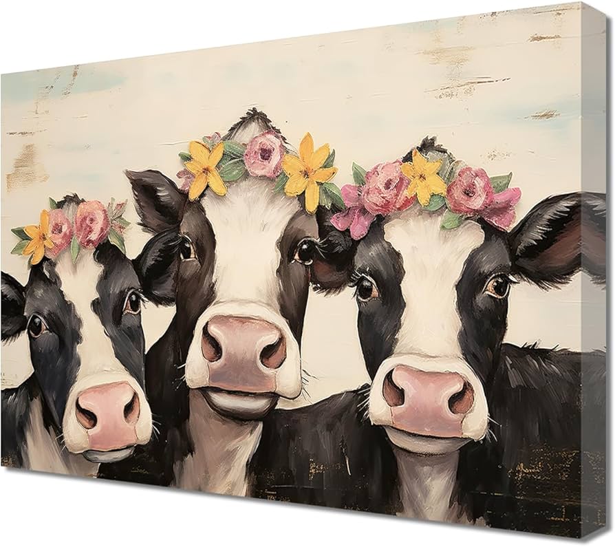 Amazon.co.jp: ZQQART かわいい牛 キャンバスウォールアート 素朴な