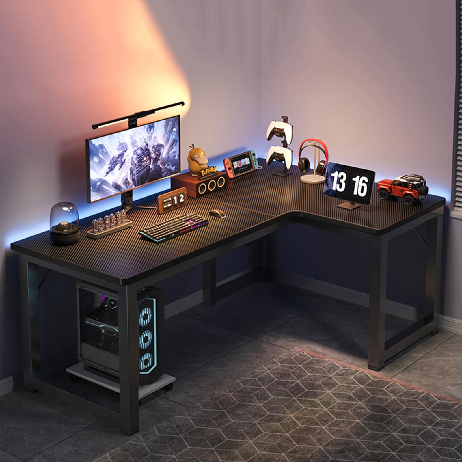 Amazon.co.jp: ゲーミングデスク L字 カーボン調 ラック付き モニター