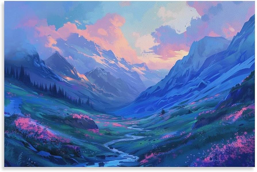 Amazon.co.jp: 絵画 青とピンクのグラデーションの山の風景インテリア