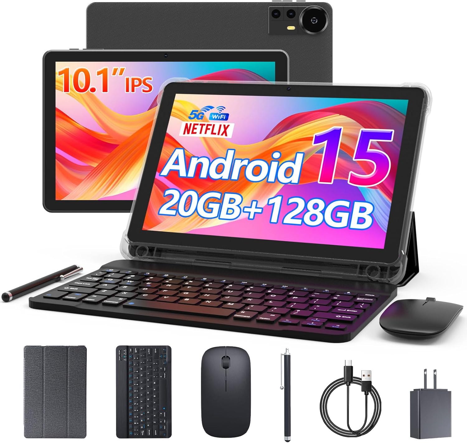 Android 15 Tablet 10 Inch, 20GB RAM+128GB ROM/2TB Expandable, 2 in