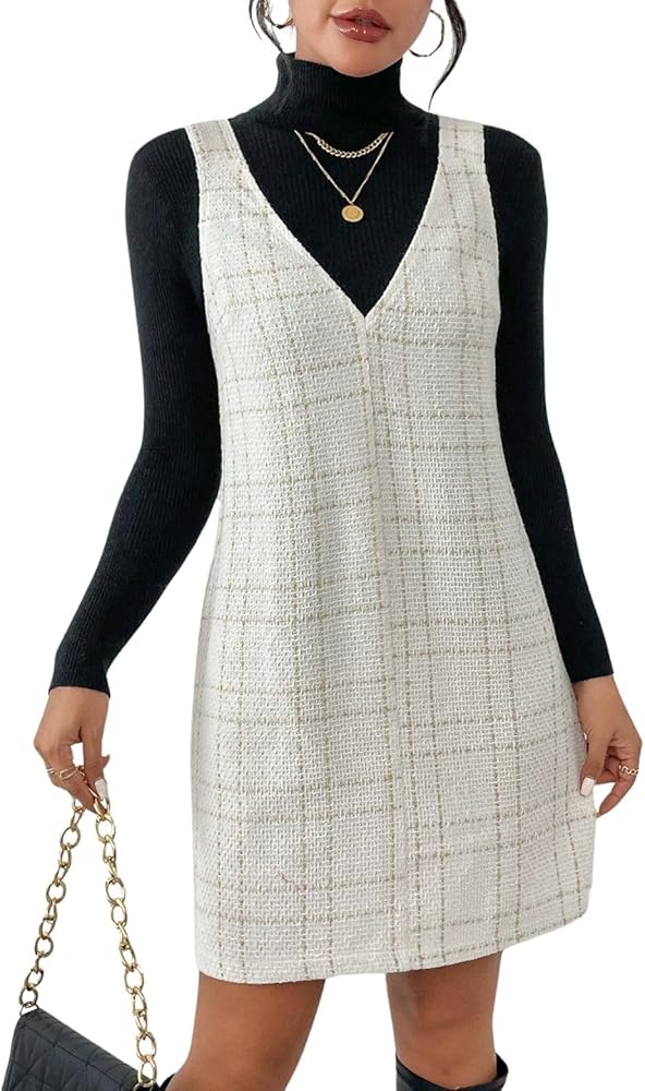 chouyatou Women Elegant A Line Tweed Pinafore Dress V Neck