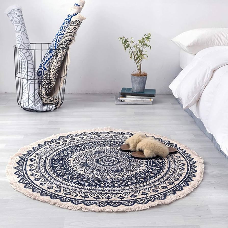 Amazon｜カタク(KATAKU)円形ラグ 綿麻 手織り エスニック フリンジ付き