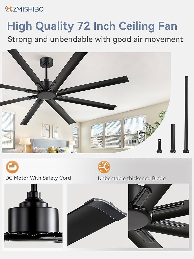 ZMISHIBO 72 Inch Ceiling Fan No Light, Large Black Ceiling Fan