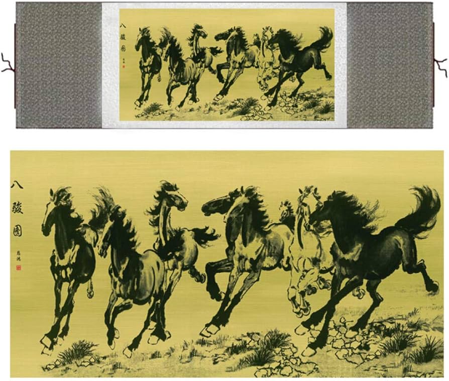 Amazon | 中国の馬の絹の絵馬の絵の絵絹の巻物の絵8頭の馬の絵
