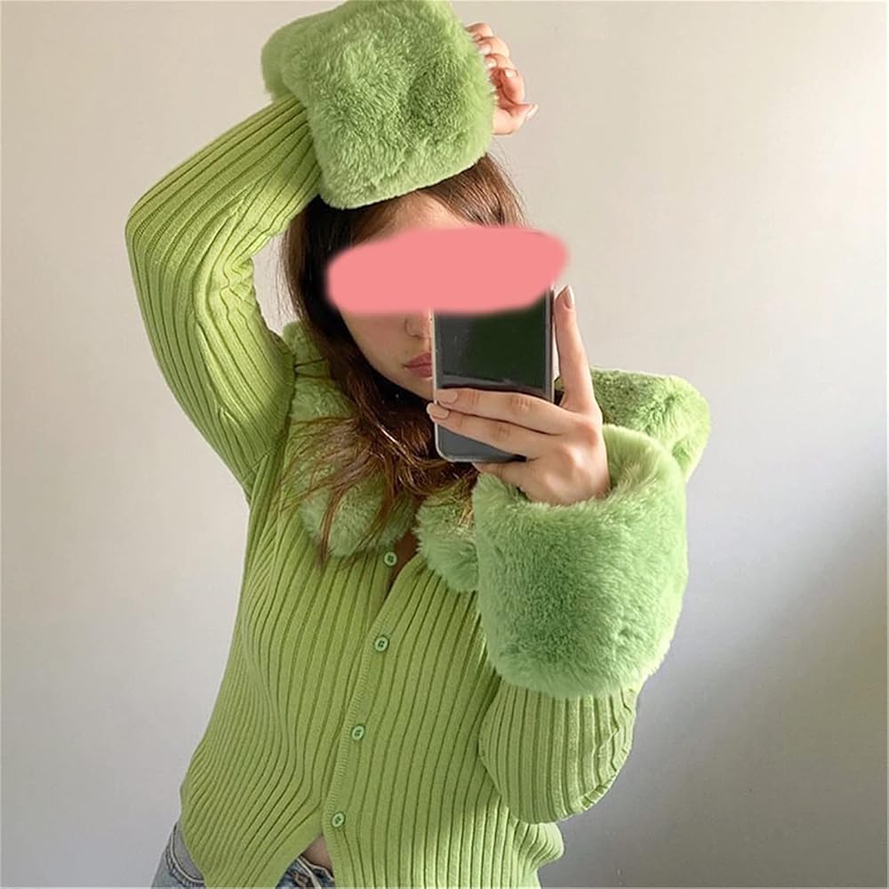 Women´s Fluffy Long Sleeve V-Neck Cropped Knit Cardigan Sweater