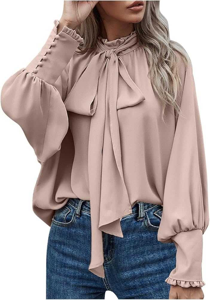Amazon.com: Women's Bow Tie Neck Long Sleeve Tops Dressy Elegant