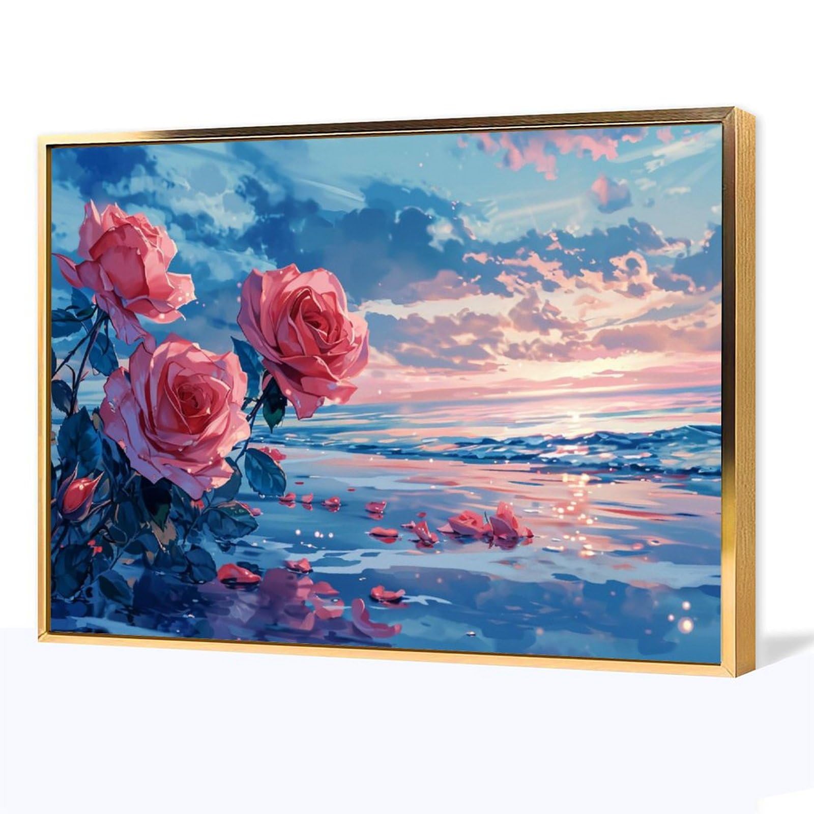 Amazon.co.jp: 絵画 波の前のピンクのバラインテリア 絵画 美しい海の