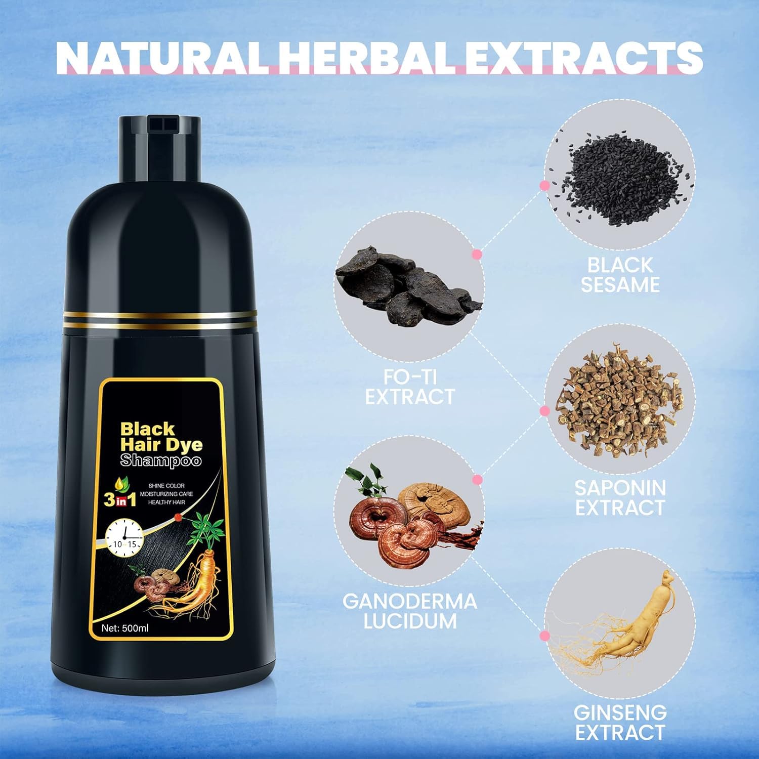 Black Hair Dye Shampoo 3 in 1, Natural Hair Dye Semi Permanent