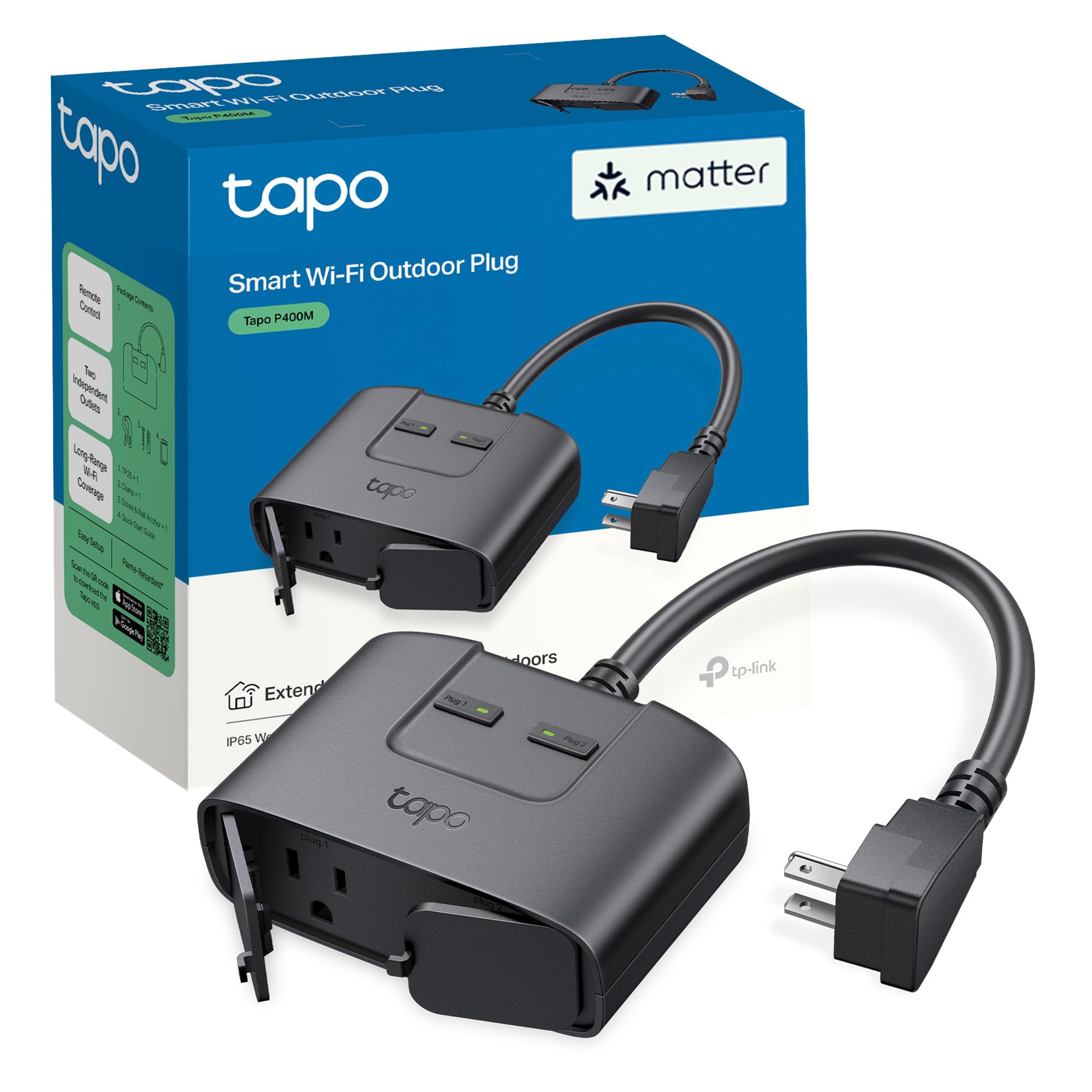 TP-Link Tapo Matter Outdoor Smart Plug, 2 Individual outlets, IP65