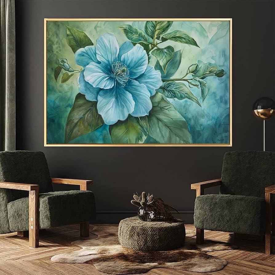 油絵 菅家令子 絵 絵画インテリア 額付(青緑＋金色の枠)uF6-030114