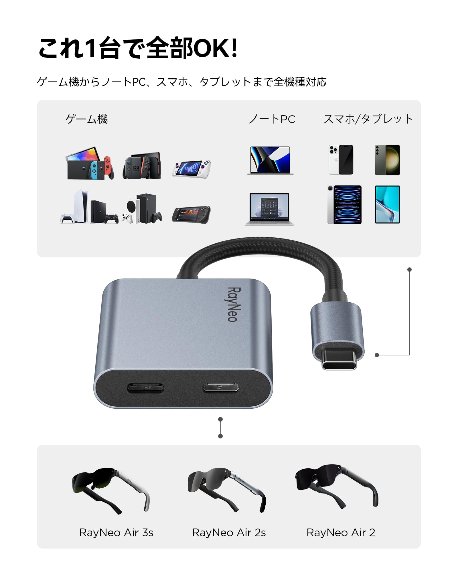 Amazon.co.jp: RayNeo USB-C ARグラス/スマートグラス充電アダプター