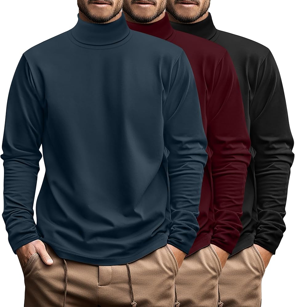 Ficerd 3 Pack Men's Big and Tall Turtleneck Shirts Cotton Long