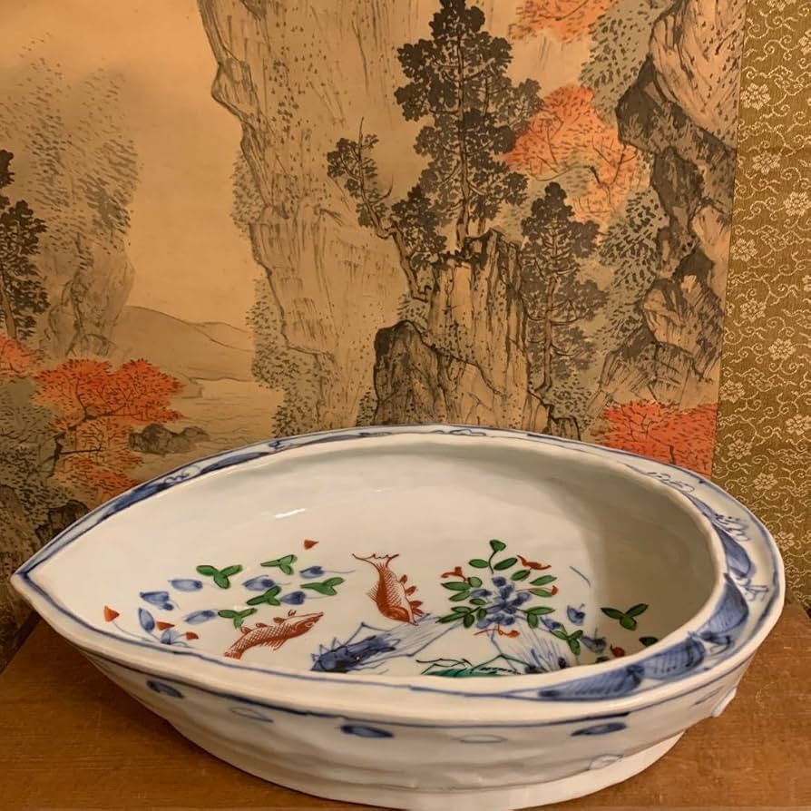 Amazon.co.jp: 北大路魯山人☆染付色絵魚藻文鮑形鉢 写☆共箱☆陶器