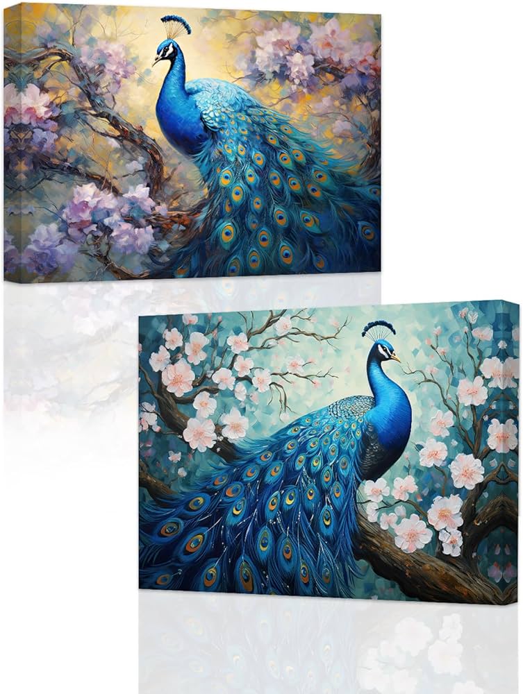 Amazon.com: ZXHYWYM Peacock Wall Art - 2 Pieces Blue Peacock with