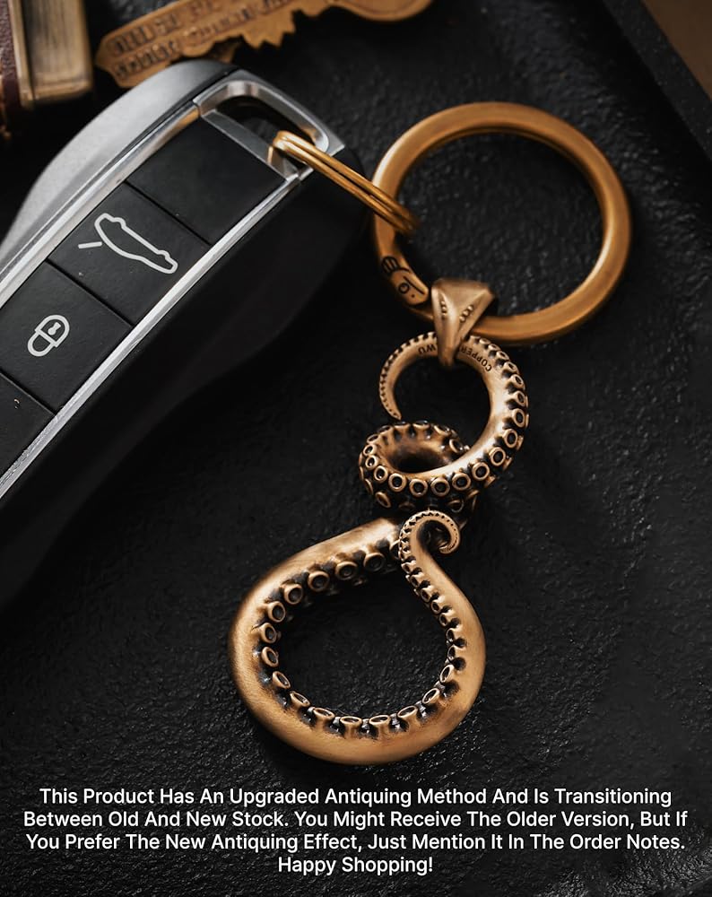 COPPERTIST.WU Octopus Brass Keychain w Keyring for Men Women