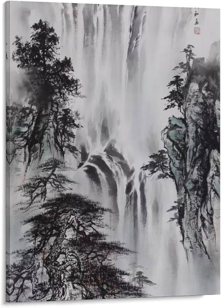 水墨画 滝と森林 木製フレーム付き 水墨画 滝と森林 木製フレーム付き