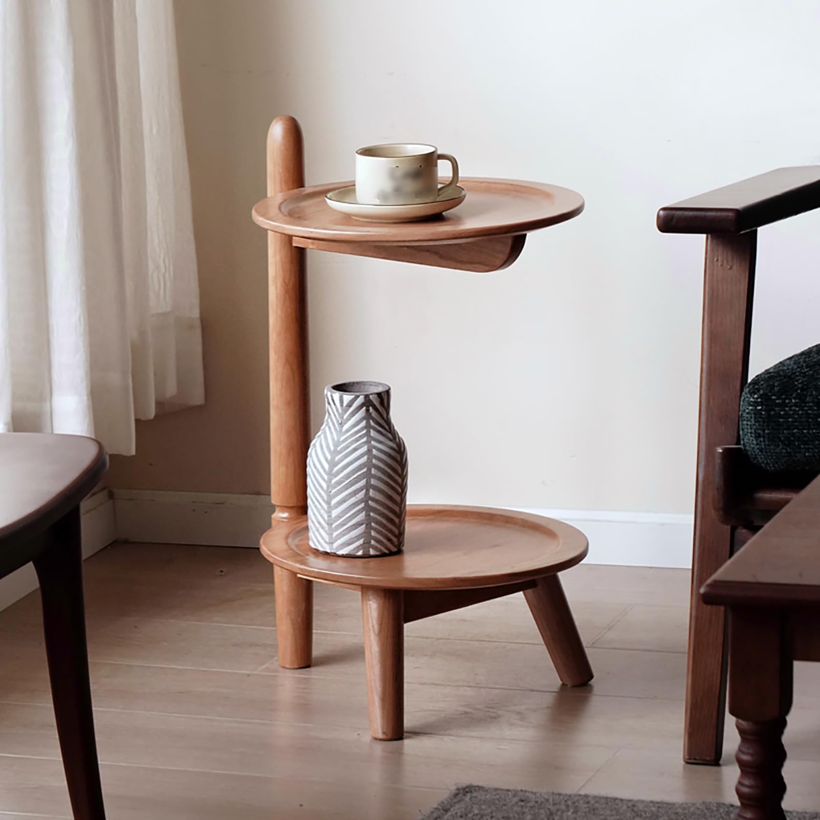 Amazon｜2段ラウンドチェリーウッドソファサイドテーブル オープン収納