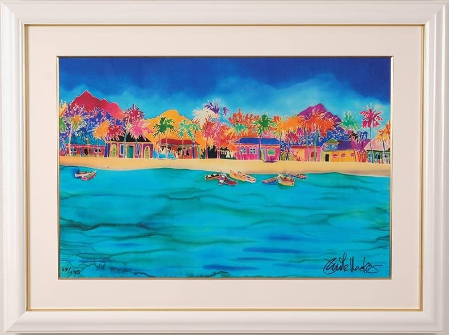 Amazon | ジェニファー・マークス 「浜辺の船」 海 絵画 カリブ海