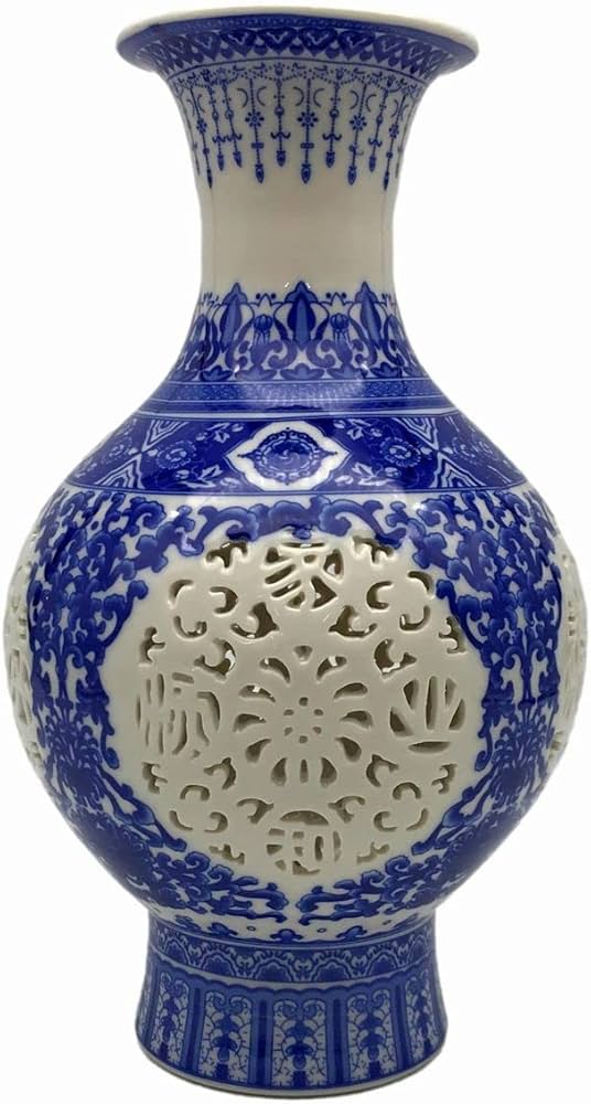 Amazon.co.jp: 置物 花瓶 景徳鎮 透かし彫り 中国伝統柄 陶磁器製