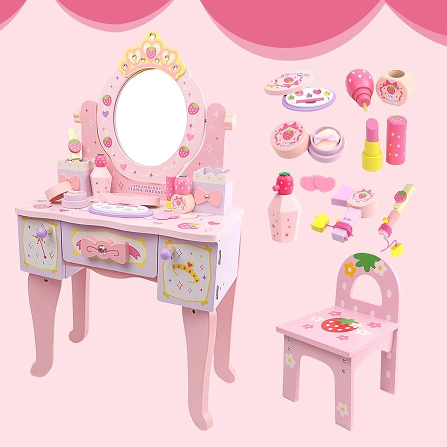 ピンク姫系ドレッサー 幅 80cm 円形ミラー 引き出し 5 杯 スツール付き