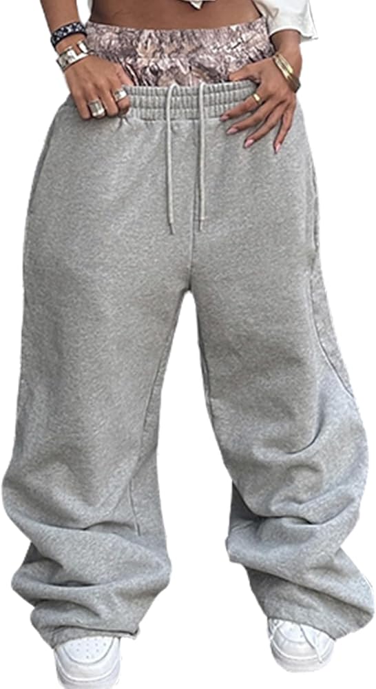 GUXMO Women's Drawstring Baggy Pants Double Waist Patchwork