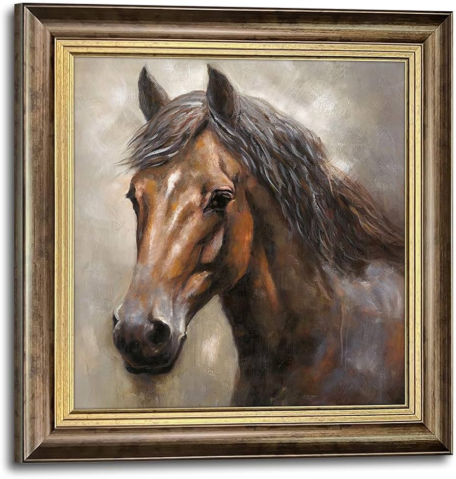 Amazon.co.jp: キャンバスウォールアート 馬の絵画:大きなフレーム付き