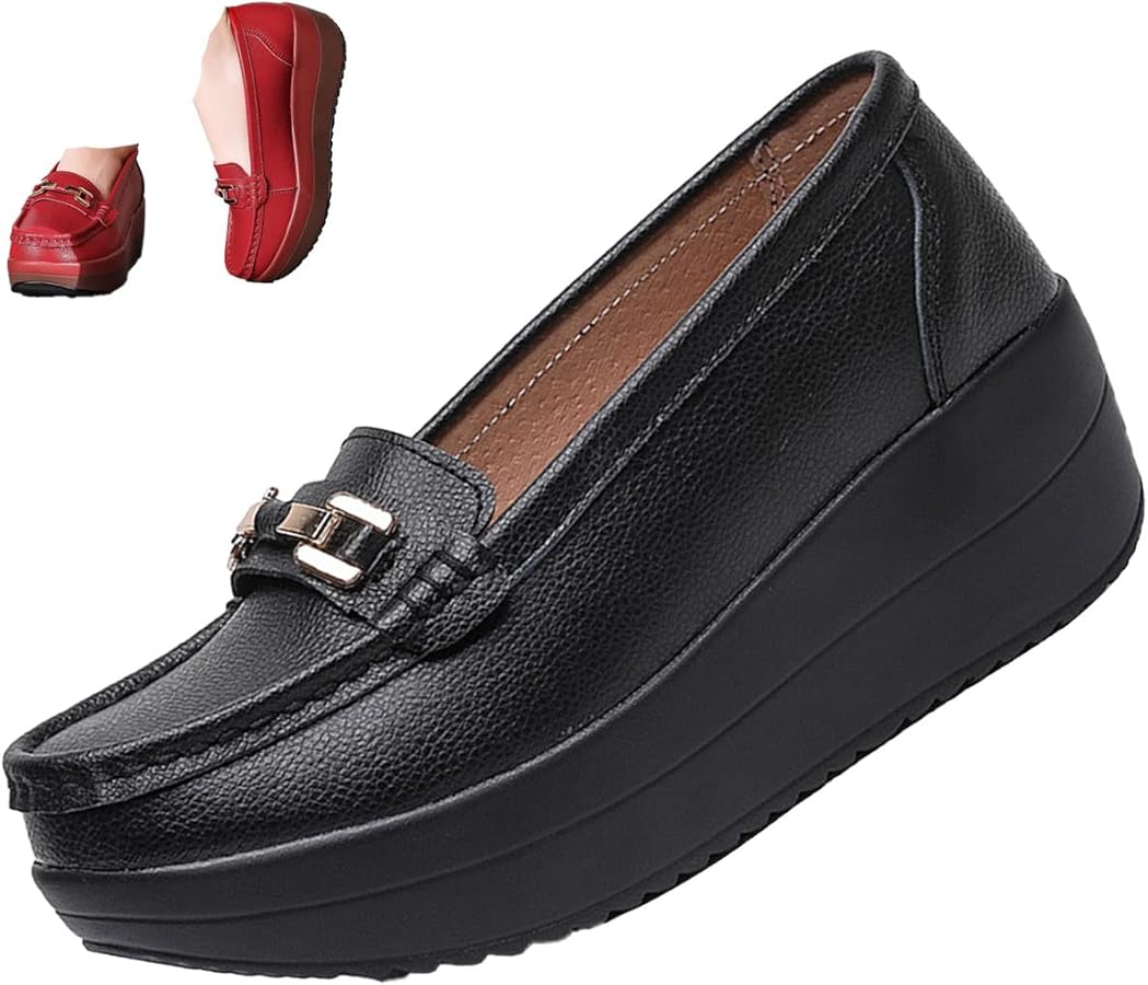 Amazon.com | BlackeEight Women's Leather Slip On Wedge Loafers
