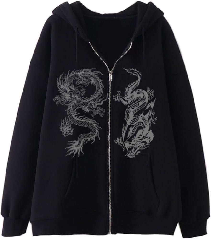 Aobiono Women Men Y2K Zip Up Oversized Hoodie Gothic Dragon