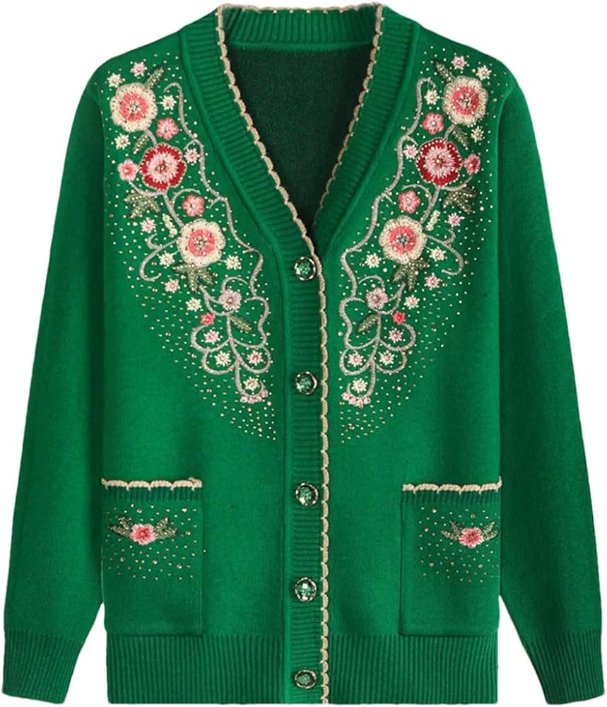Women's V-Neck Embroidery Cardigan Sweater with Pockets Casual