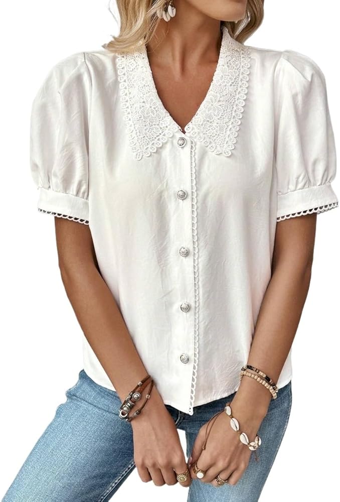 Blouses for Women Trendy Lace Patchwork Short Puff Sleeve Shirt