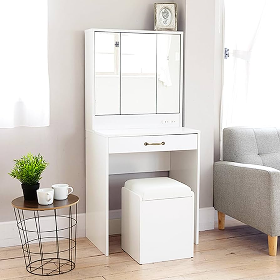 Amazon｜アイリスプラザ 鏡 ドレッサー 白 コンパクト 椅子 化粧台