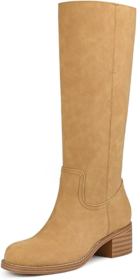 Amazon.com | HEIFIN Banana Knee High Boots Women Square Toe Chunky