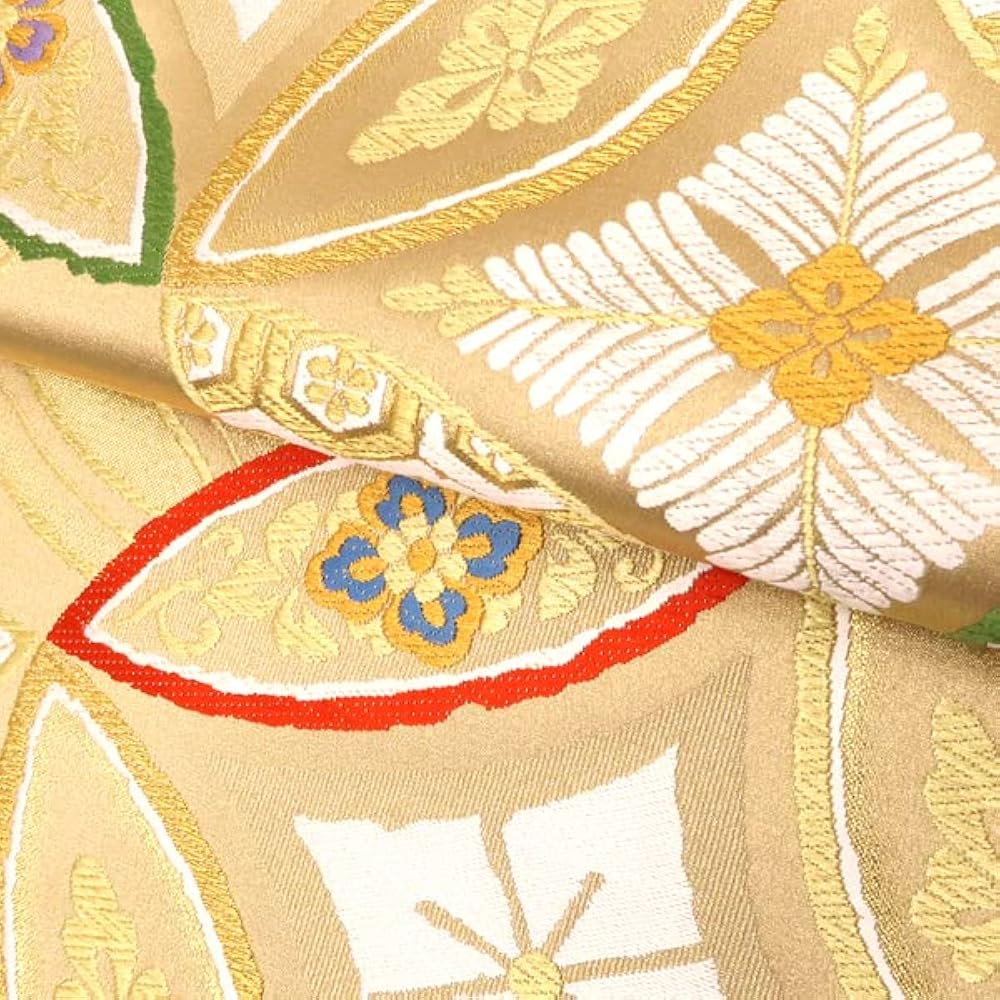 特146doichhaha 手刺繍袋帯 引き箔 お太鼓柄 扇に花 カーキゴールド